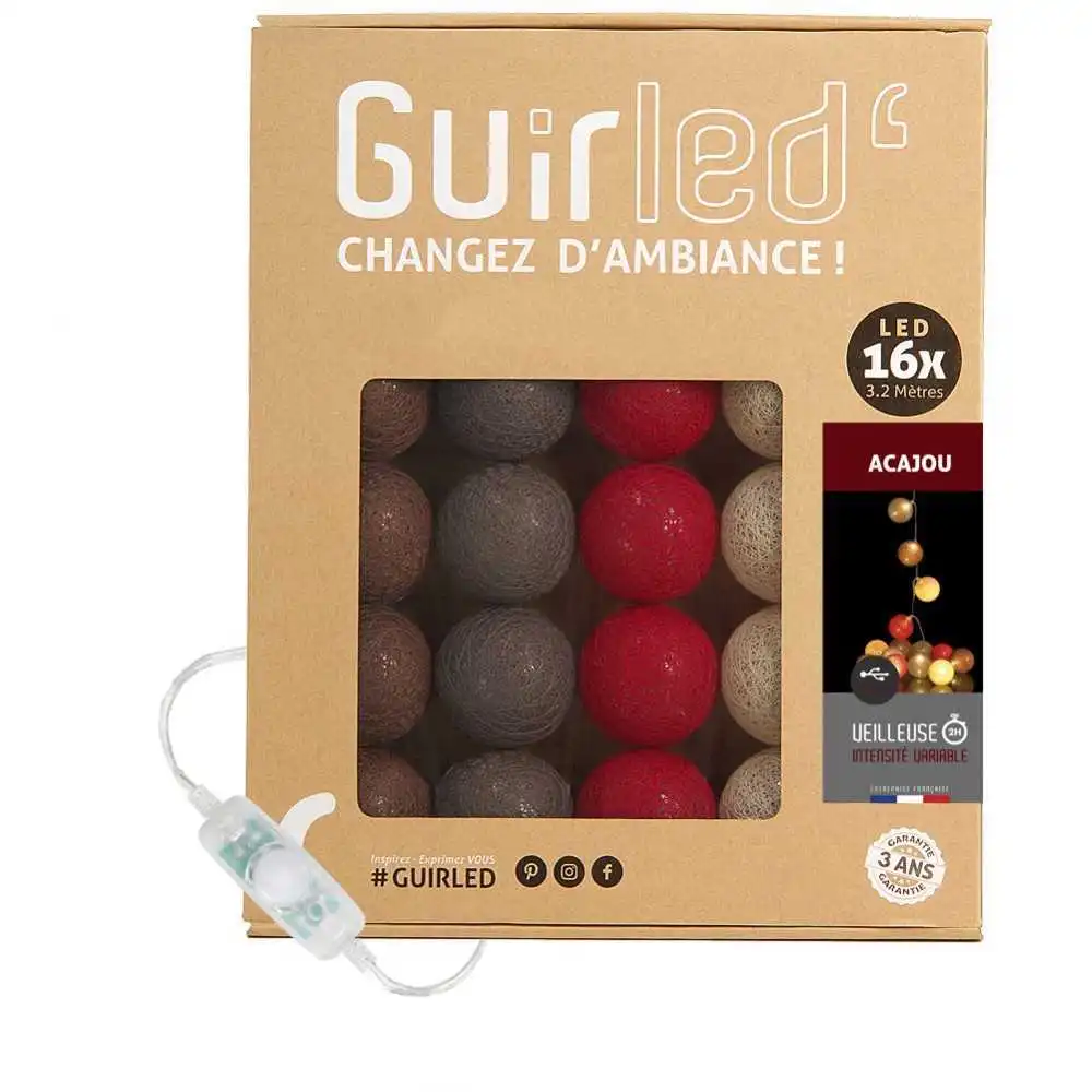 Guirled - Guirlande lumineuse Classique -  Acajou Classique Guirlande lumineuse boules coton LED USB
