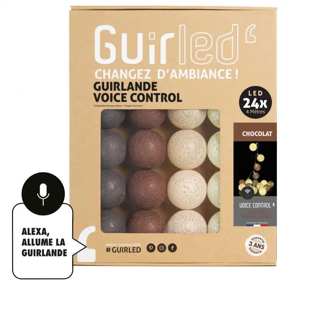 Guirled - Lichterkette Voice Control - Chocolate Sprachsteuerung Lichterkette Kugeln aus Baumwolle Google & Alexa