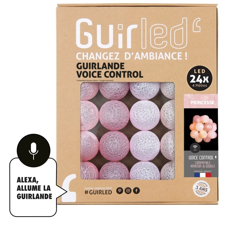 Guirled - Lichterkette Voice Control - Princess Sprachsteuerung Lichterkette Kugeln aus Baumwolle Google & Alexa