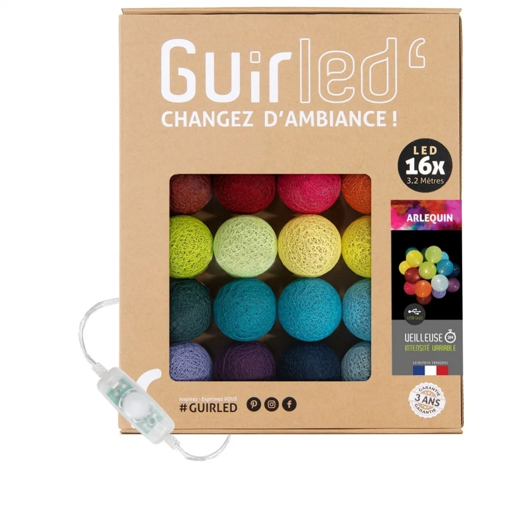 Guirlande lumineuse intérieure nomade LED Blanc 30 boules multicolores