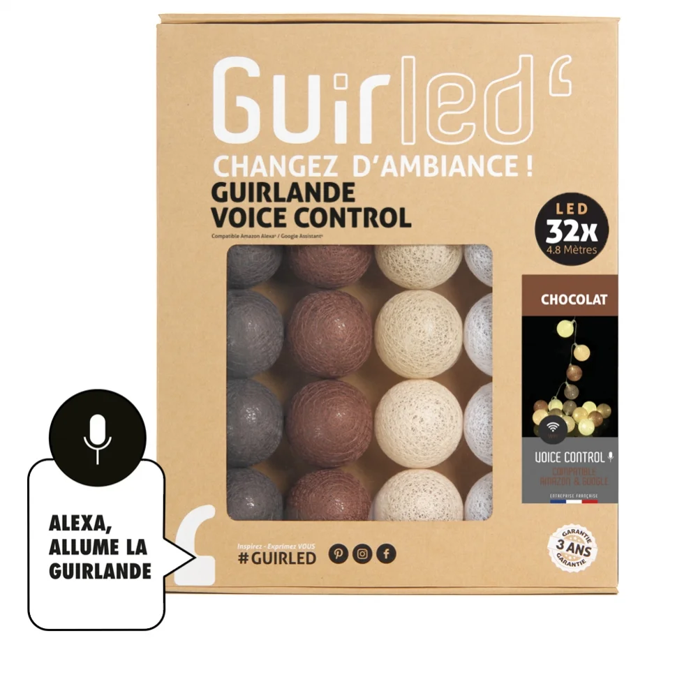 Guirled - Lichterkette Voice Control - Chocolate Sprachsteuerung Lichterkette Kugeln aus Baumwolle Google & Alexa