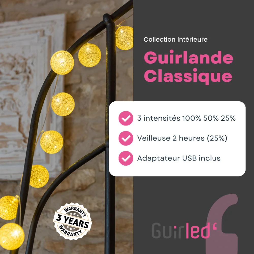 Guirled - Klassische Lichterkette - Horizon Classique Lichterkette Baumwollkugeln LED USB