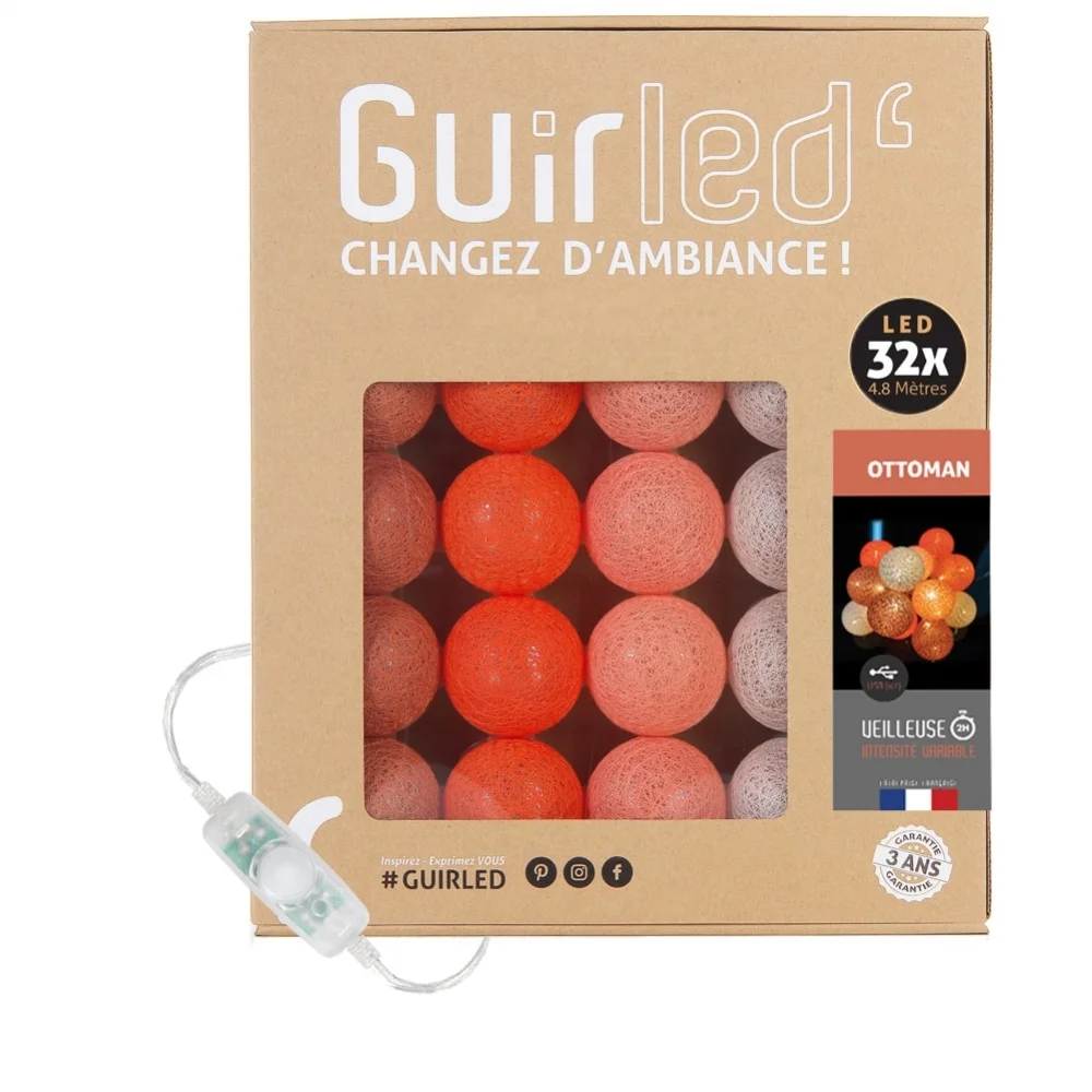 Guirled - Boutique -  Ottoman Classique Guirlande lumineuse boules coton LED USB [Reconditionné]