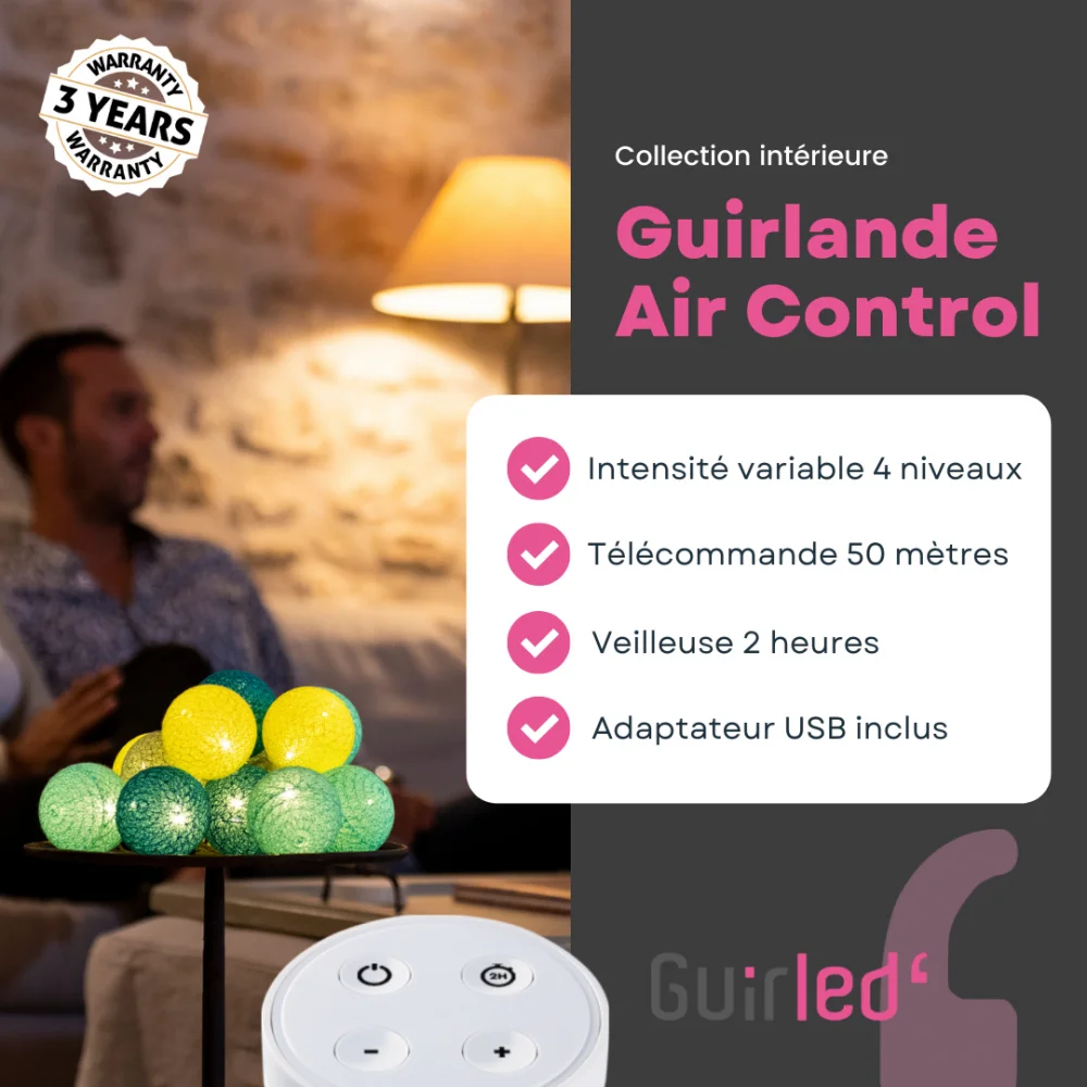 Guirled - Guirlande Air Control -  Flocon Télécommandée Guirlande lumineuse boules coton LED USB