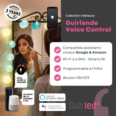 Guirled - Guirlande Voice Control -  Diamant (Argent) Commande Vocale Guirlande lumineuse boules coton Google & Alexa