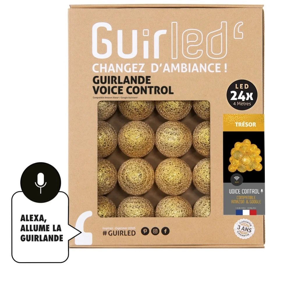 Guirled - Guirlande Voice Control -  Trésor (Or) Commande Vocale Guirlande lumineuse boules coton Google & Alexa