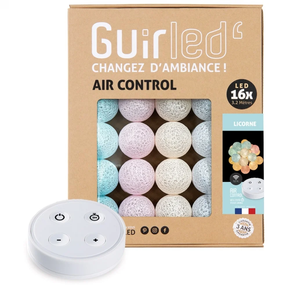 Guirled – Lichterkette Air Control –  Fernbedienbares Einhorn Lichterkette mit LED-Baumwollkugeln, USB-Anschluss