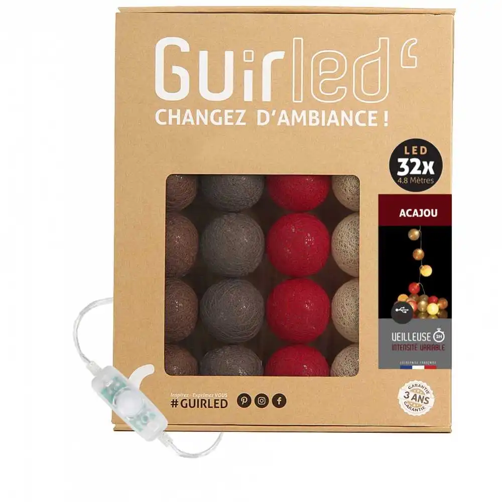 Guirled - Guirlande Classique -  Acajou Classique Guirlande lumineuse boules coton LED USB