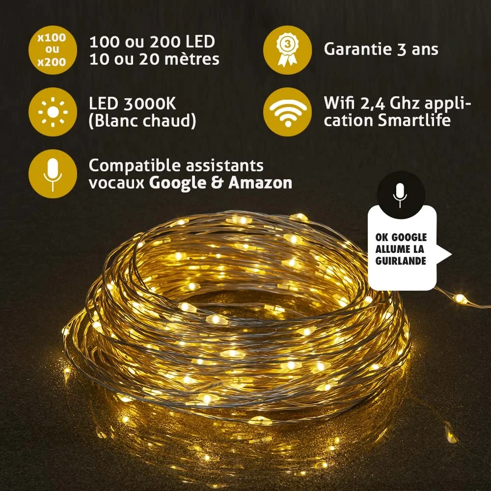 Guirled - Guirlande Mini LED -  Guirlande lumineuse Mini LED Wi-Fi Filament cuivre Silver Voice Control