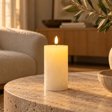 Vela LED Crème encendida sobre una mesa de centro de travertino