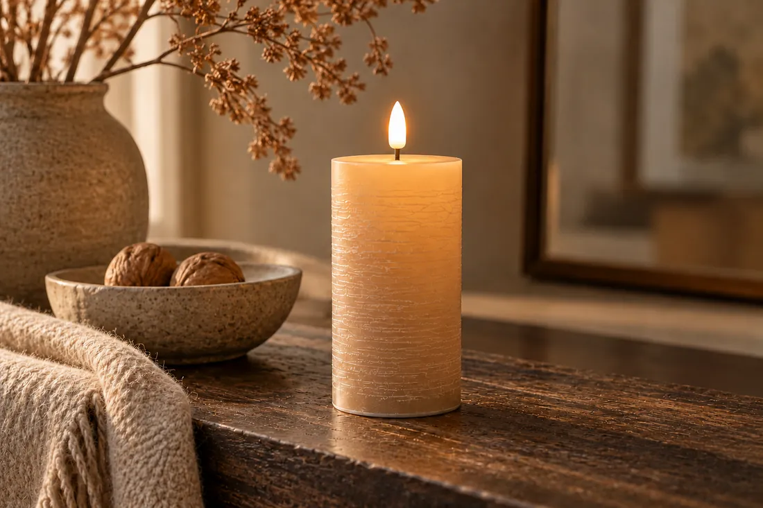 Bougie LED teinte Caramel dans un salon chaleureux