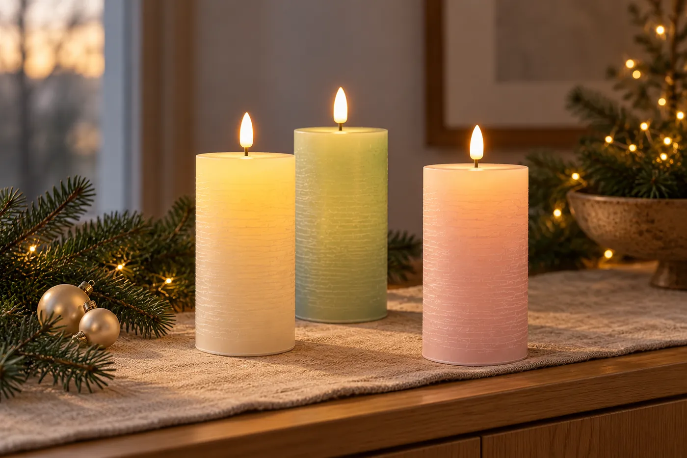 Trois bougies LED Guirled Crème, Matcha et Macaron sur une table de fête