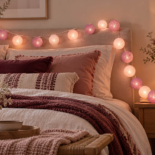 chambre décorée à l'aide de guirlandes lumineuses