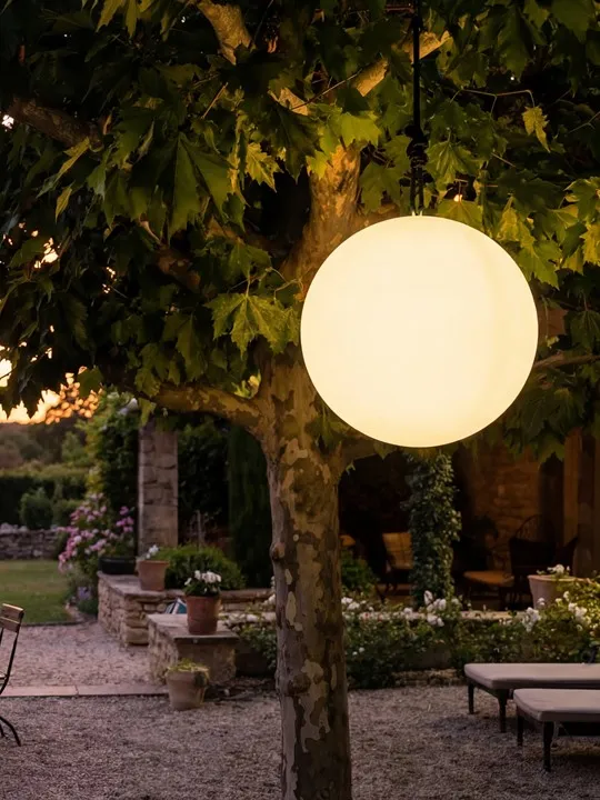 Sphère lumineuse solaire suspendue dans un jardin